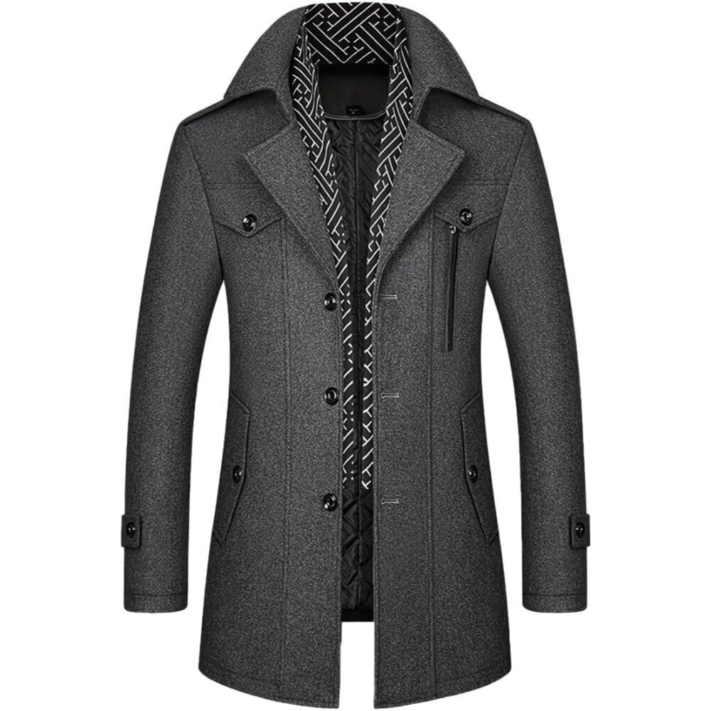 🆕 Men's Grey Wool Blend Coat Warm Winter Trench Coat With Detachable Soft Scarf